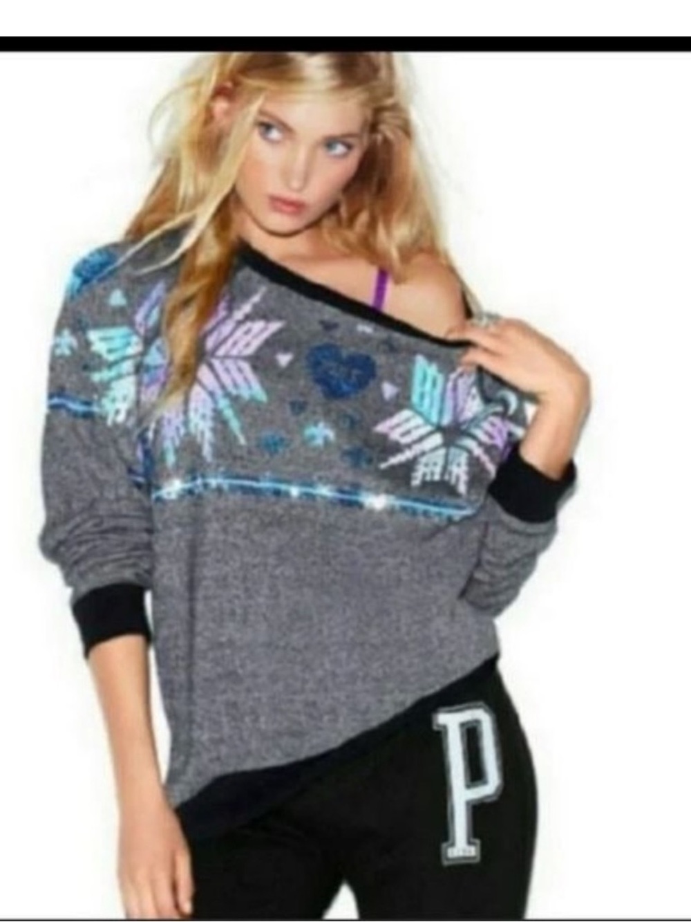 PINK Victoria's Secret Sequined Snowflake Oversized Top Women's Size L Gray Y2K